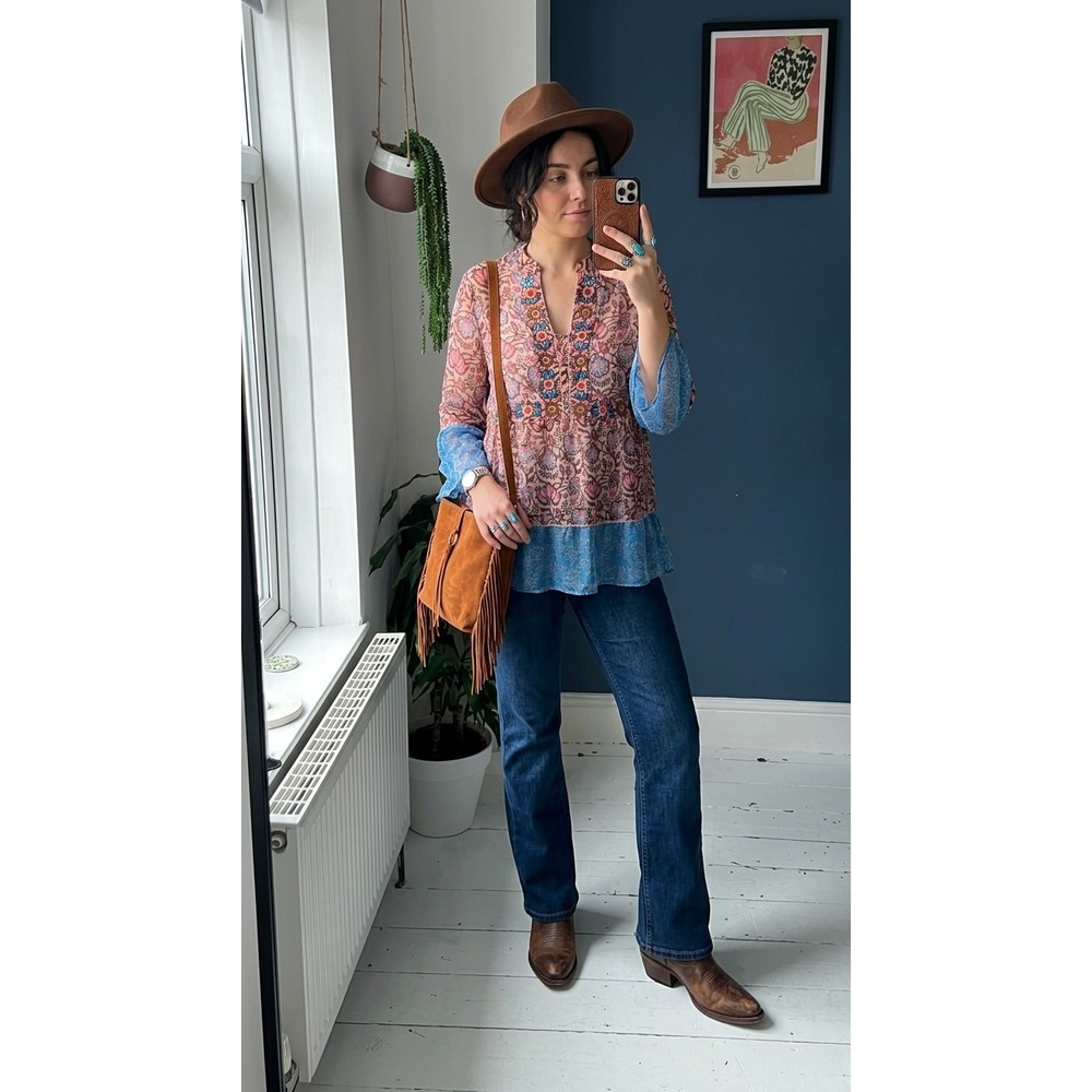 Soft Surroundings Medium Semi Sheer V-Neck Boho Floral Bell Sleeve Blouse